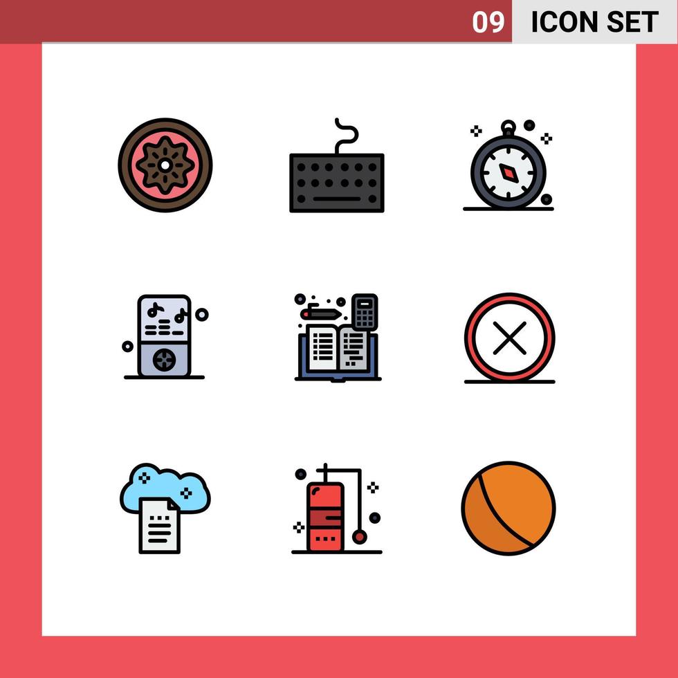 Editable Vector Line Pack of 9 Simple Filledline Flat Colors of calculator player compass music player ipod Editable Vector Design Elements