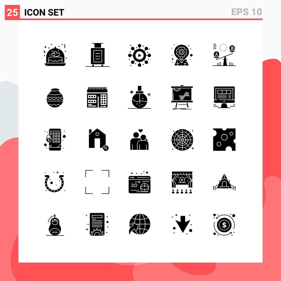 Set of 25 Commercial Solid Glyphs pack for seesaw balance video pin location Editable Vector Design Elements