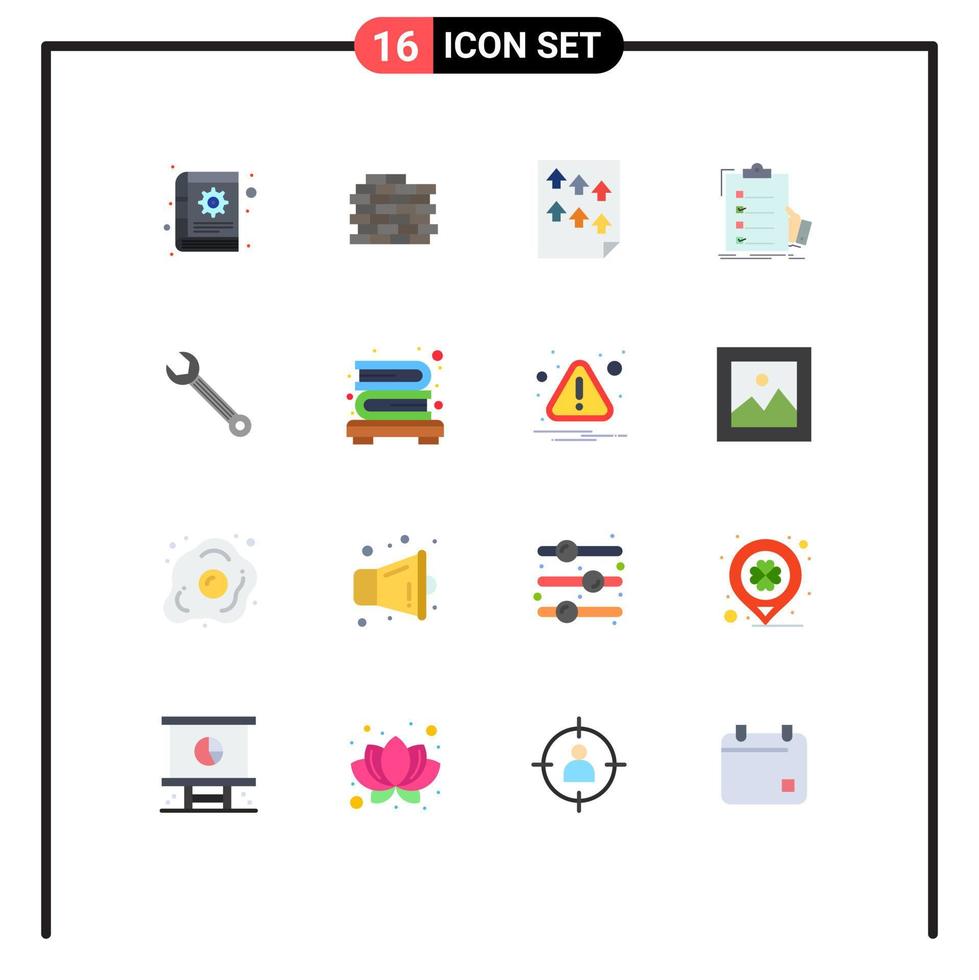 Flat Color Pack of 16 Universal Symbols of wrench list high expertise checklist Editable Pack of Creative Vector Design Elements