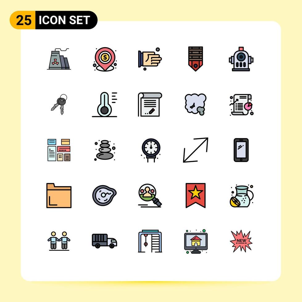 paquete de 25 modernos signos y símbolos de colores planos de línea rellena para medios de impresión web, como ubicación de clasificación de etiquetas, elementos de diseño de vectores editables de oficinas militares