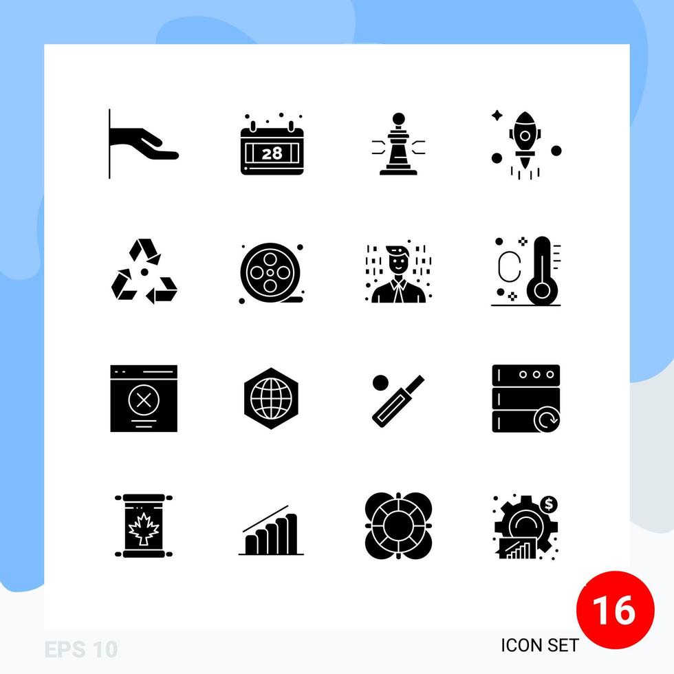 16 Universal Solid Glyphs Set for Web and Mobile Applications environment eco player fly rocket Editable Vector Design Elements