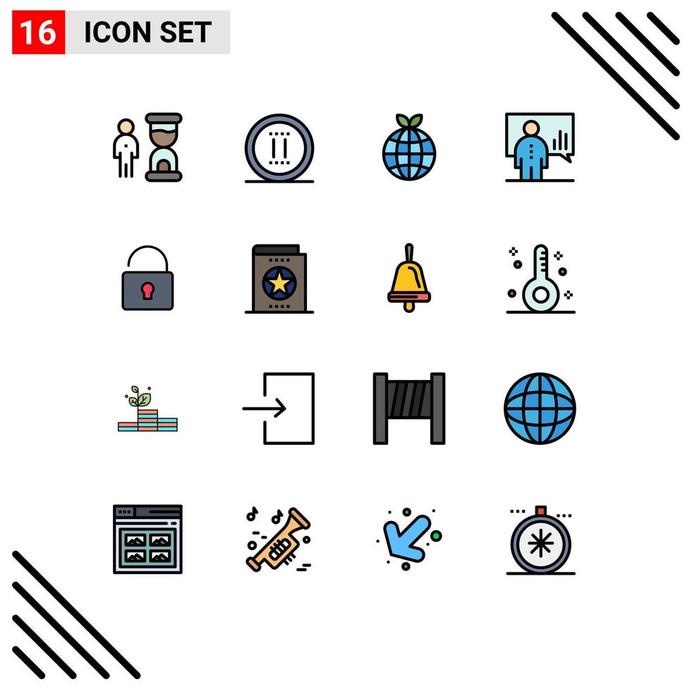 Set of 16 Vector Flat Color Filled Lines on Grid for unlock man pause chart analytics Editable Creative Vector Design Elements