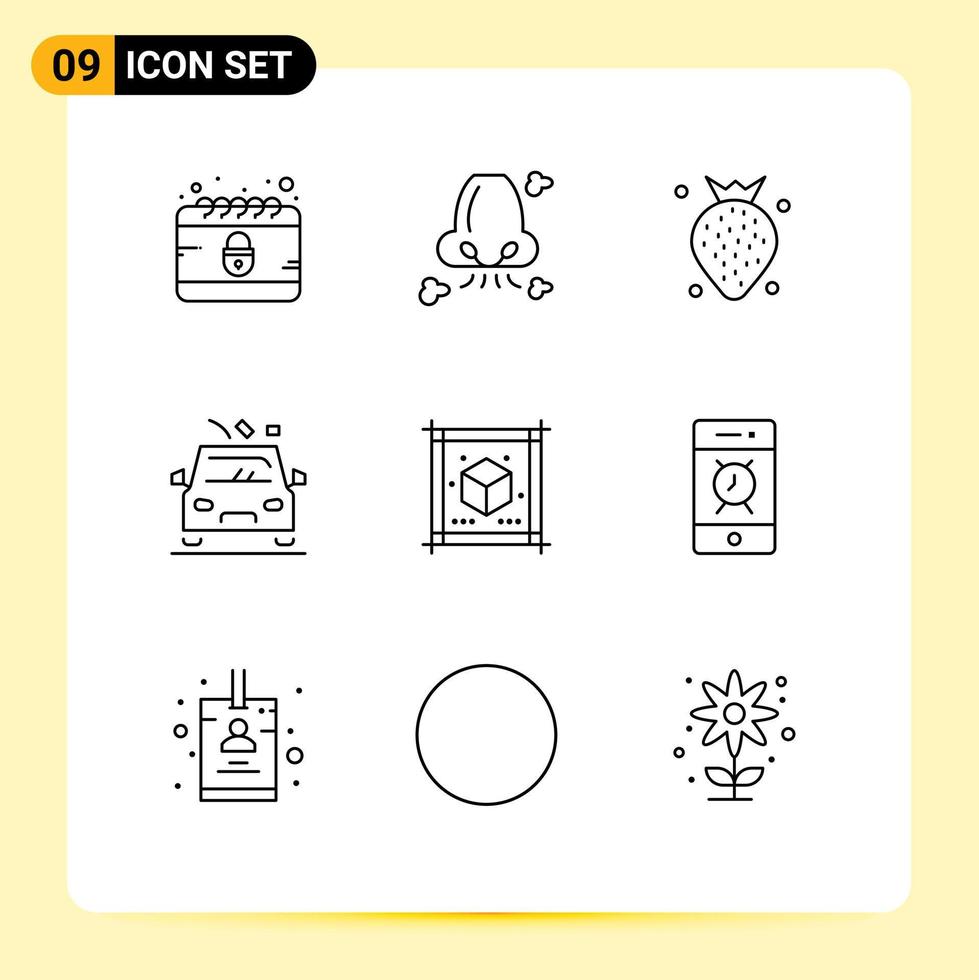 Mobile Interface Outline Set of 9 Pictograms of cube gravel pollution danger berry Editable Vector Design Elements