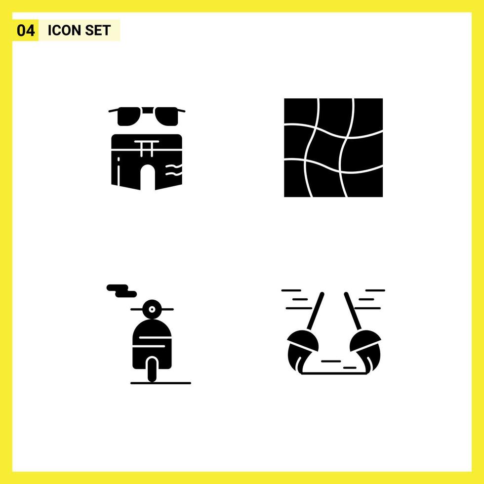 Pictogram Set of 4 Simple Solid Glyphs of swimsuite scooter beach mesh broom Editable Vector Design Elements