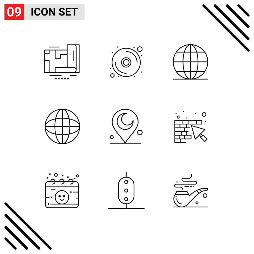 Pack of 9 Modern Outlines Signs and Symbols for Web Print Media such as religious minaret global education globe Editable Vector Design Elements
