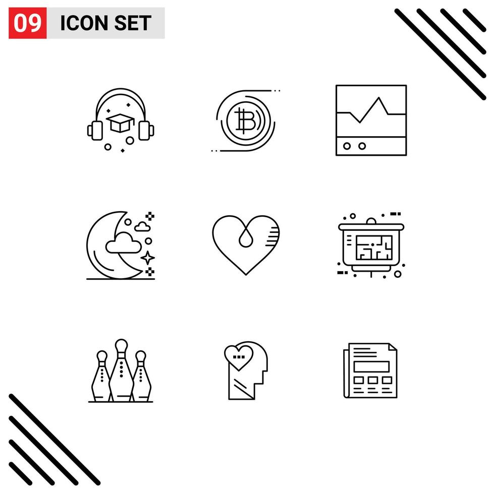 Set of 9 Modern UI Icons Symbols Signs for heart night devices moon scope Editable Vector Design Elements