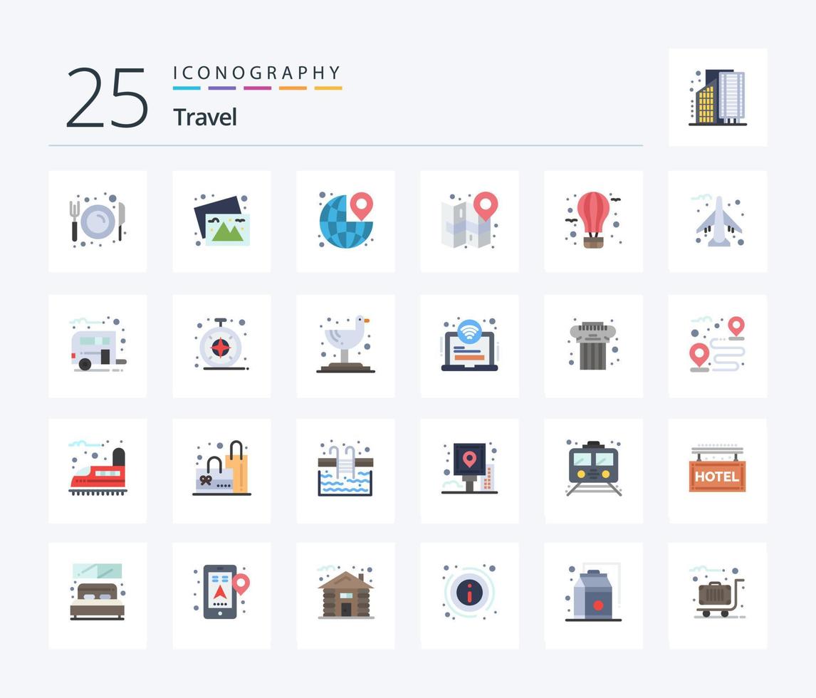 Travel 25 Flat Color icon pack including navigate. map. images. city. the vector