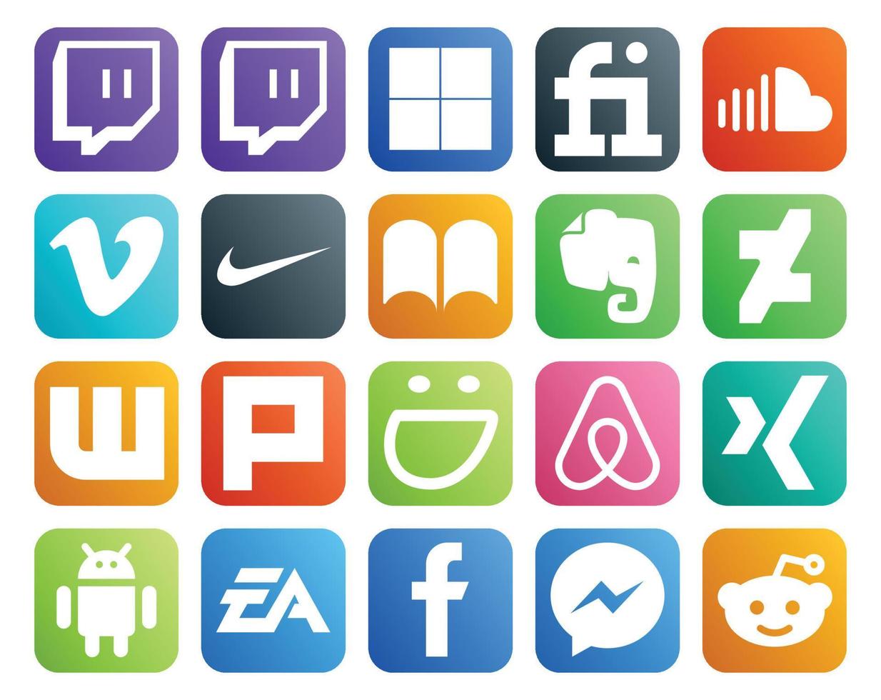 Paquete de 20 íconos de redes sociales que incluye Android Air Bnb Nike Smugmug Wattpad vector