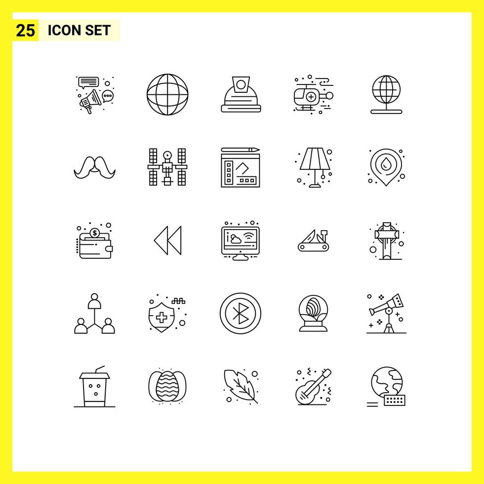 Mobile Interface Line Set of 25 Pictograms of world navigation architecture globe helicopter Editable Vector Design Elements