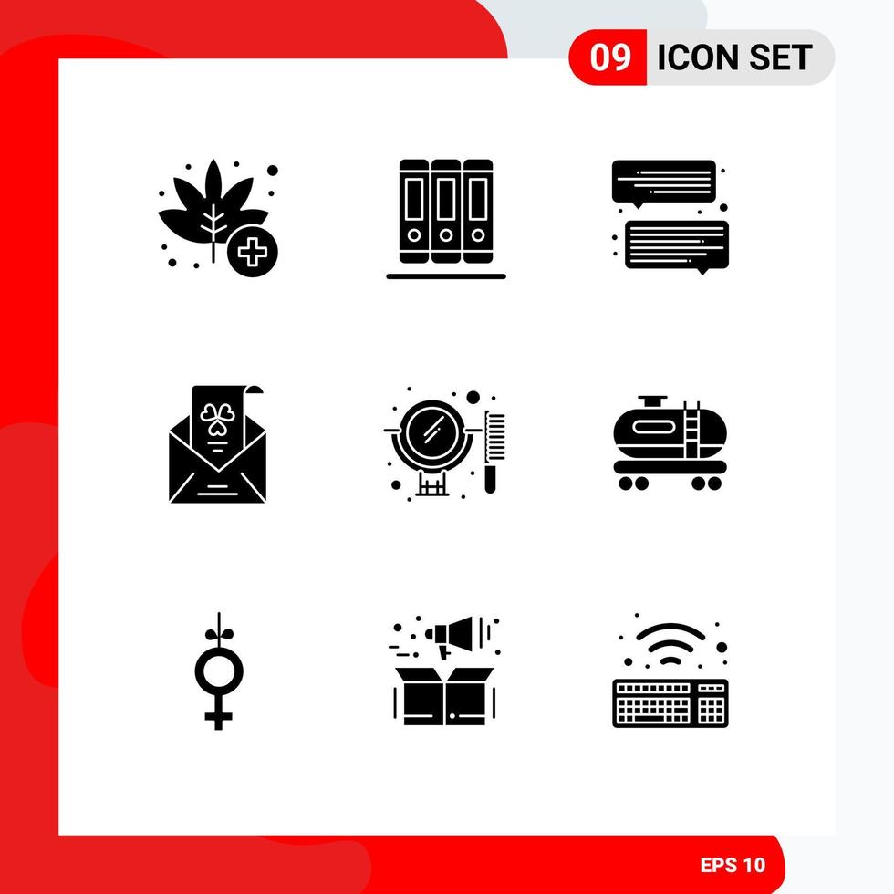 9 User Interface Solid Glyph Pack of modern Signs and Symbols of mirror beauty communication invitation envelope Editable Vector Design Elements