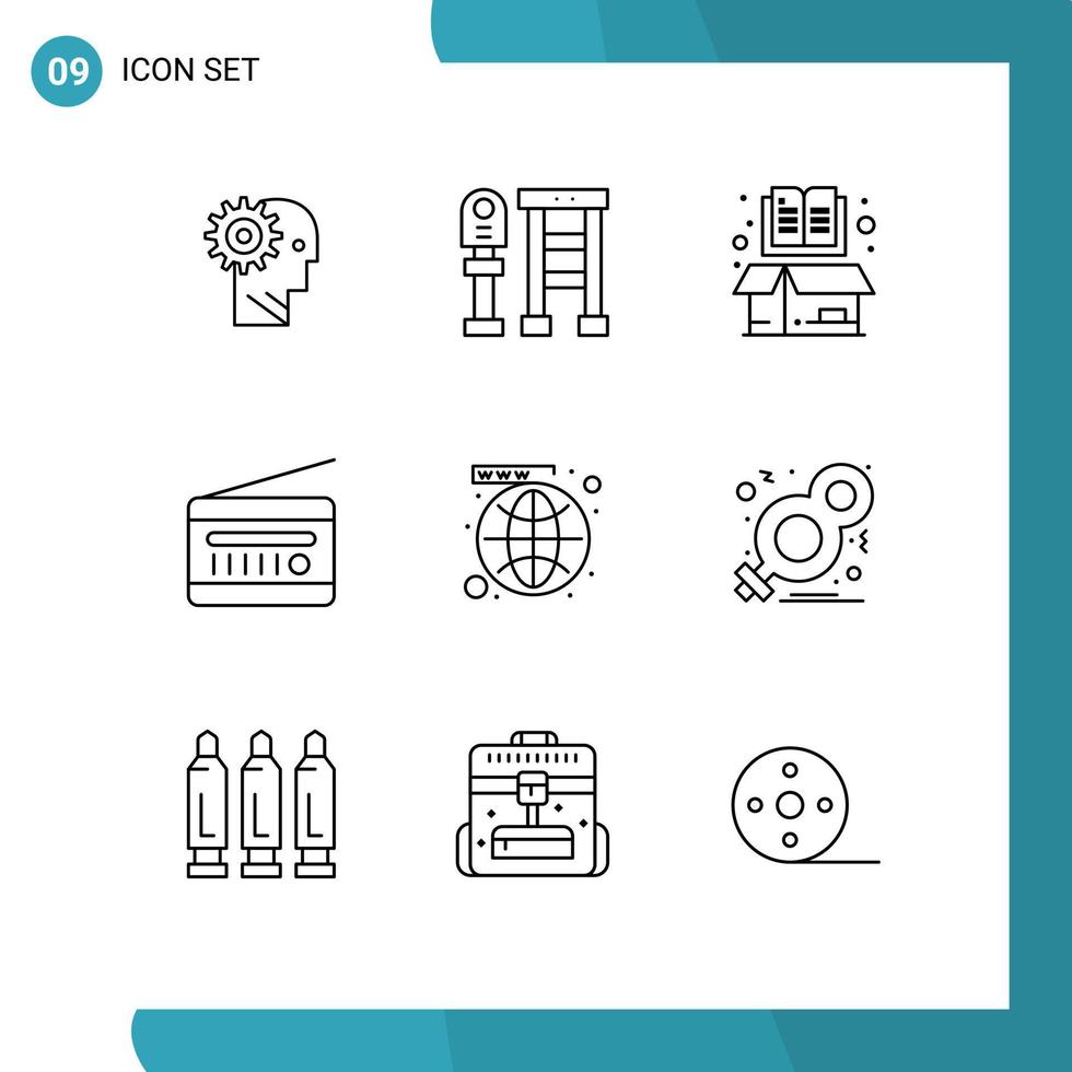 Pack of 9 Modern Outlines Signs and Symbols for Web Print Media such as fm radio open bus item box Editable Vector Design Elements