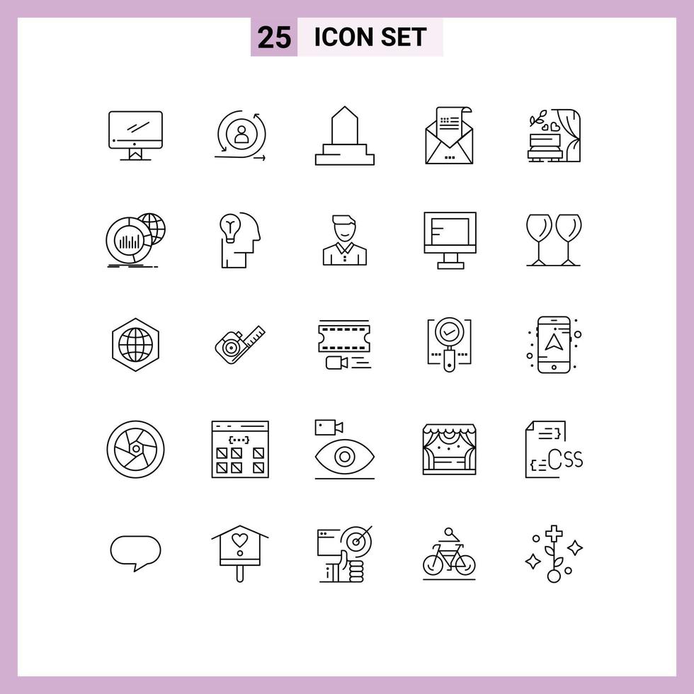 25 User Interface Line Pack of modern Signs and Symbols of mail greeting digital envelope mosque Editable Vector Design Elements