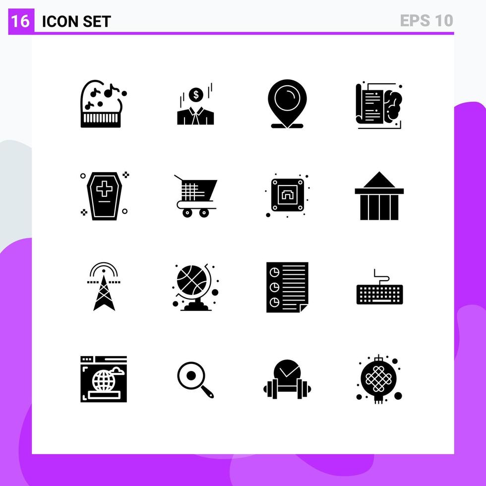 Set of 16 Modern UI Icons Symbols Signs for dreadful casket map learning brain Editable Vector Design Elements
