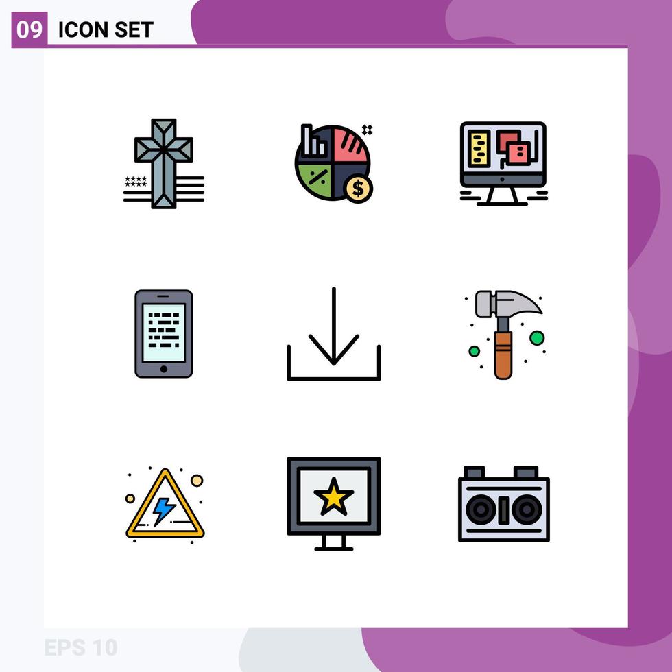 Pack of 9 Modern Filledline Flat Colors Signs and Symbols for Web Print Media such as download elearning design secure read Editable Vector Design Elements