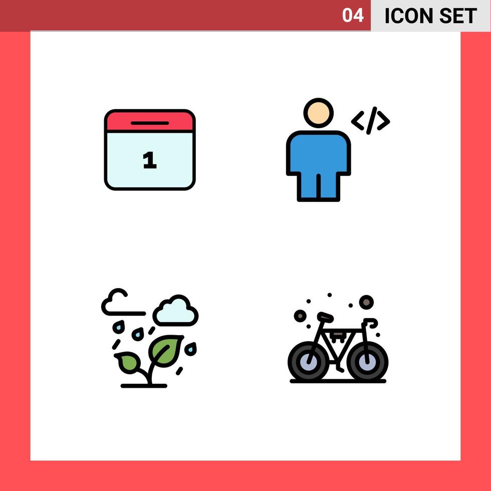 Paquete de color plano de línea de relleno de interfaz de usuario de 4 de signos y símbolos modernos de elementos de diseño de vector editables de nube de código de día verde de calendario