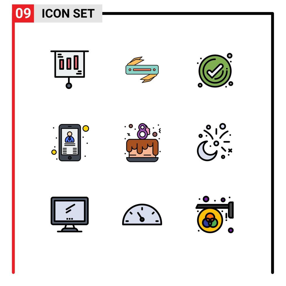 9 símbolos de signos de color plano de línea de relleno universal del jefe de día usuario comercial contacto elementos de diseño vectorial editables vector