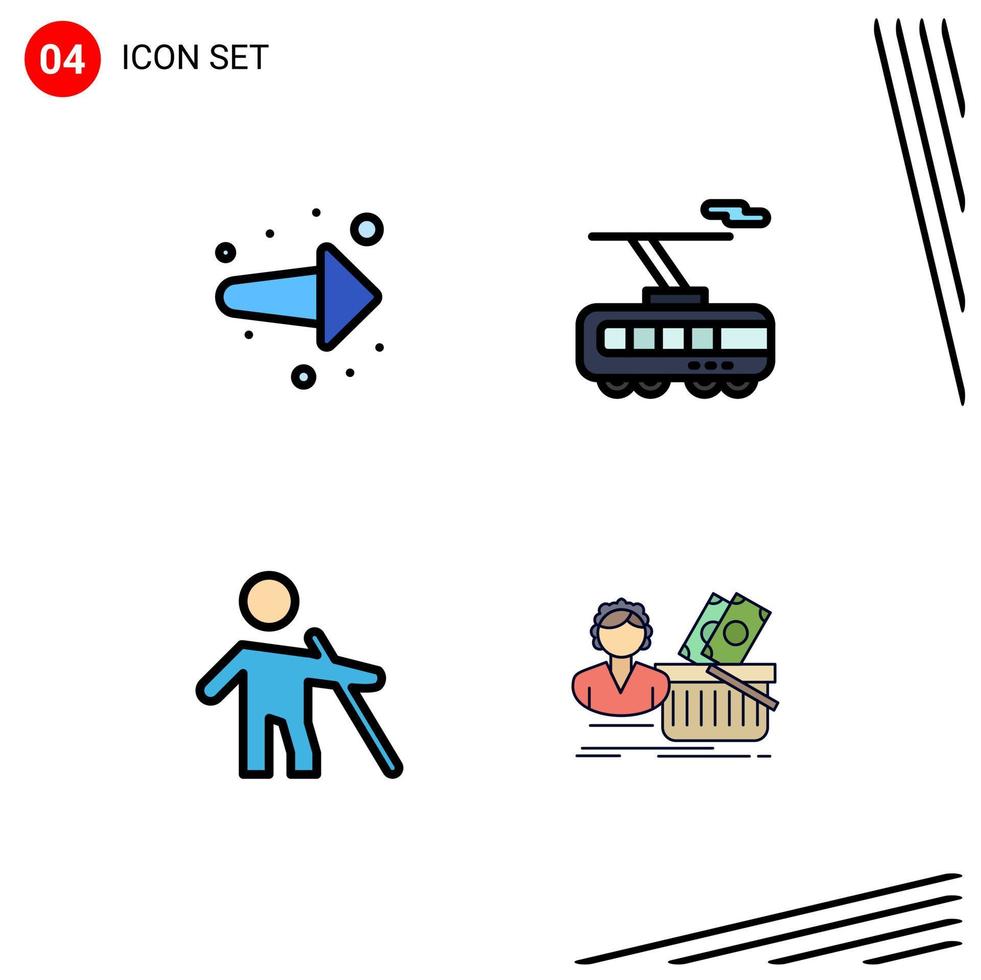 4 Universal Filledline Flat Color Signs Symbols of arrow old right train stick Editable Vector Design Elements