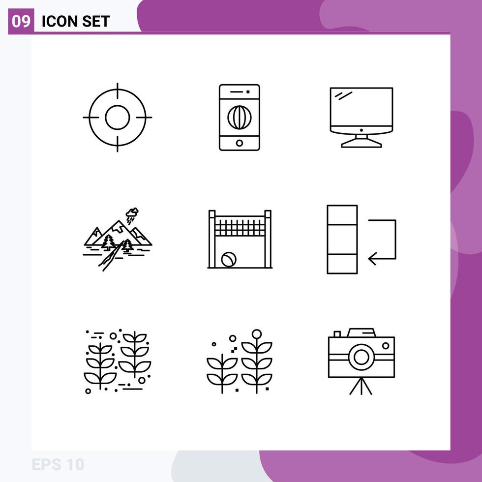 Pack of 9 Modern Outlines Signs and Symbols for Web Print Media such as nature hill world rocks imac Editable Vector Design Elements