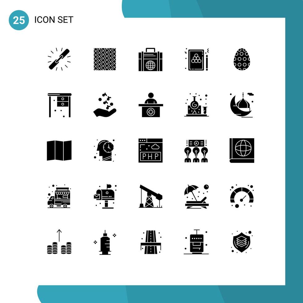 25 User Interface Solid Glyph Pack of modern Signs and Symbols of billiard globe square modern business Editable Vector Design Elements