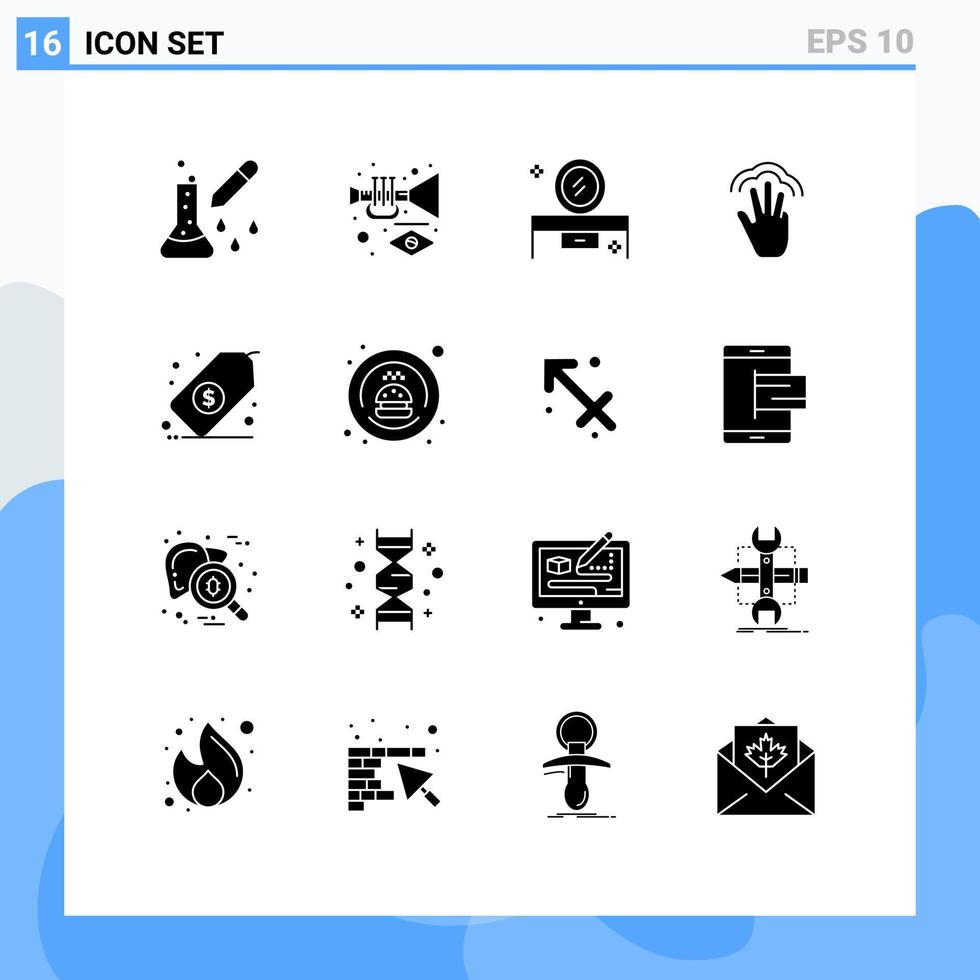 Set of 16 Commercial Solid Glyphs pack for interface gestures trumpet fingers lowboy table Editable Vector Design Elements