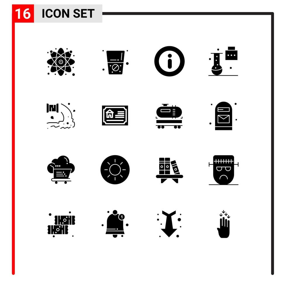 Group of 16 Solid Glyphs Signs and Symbols for sewage factory information science portfolio science education Editable Vector Design Elements