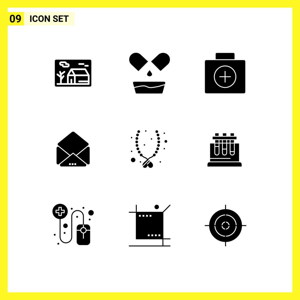 Set of 9 Commercial Solid Glyphs pack for necklace love briefcase open message Editable Vector Design Elements