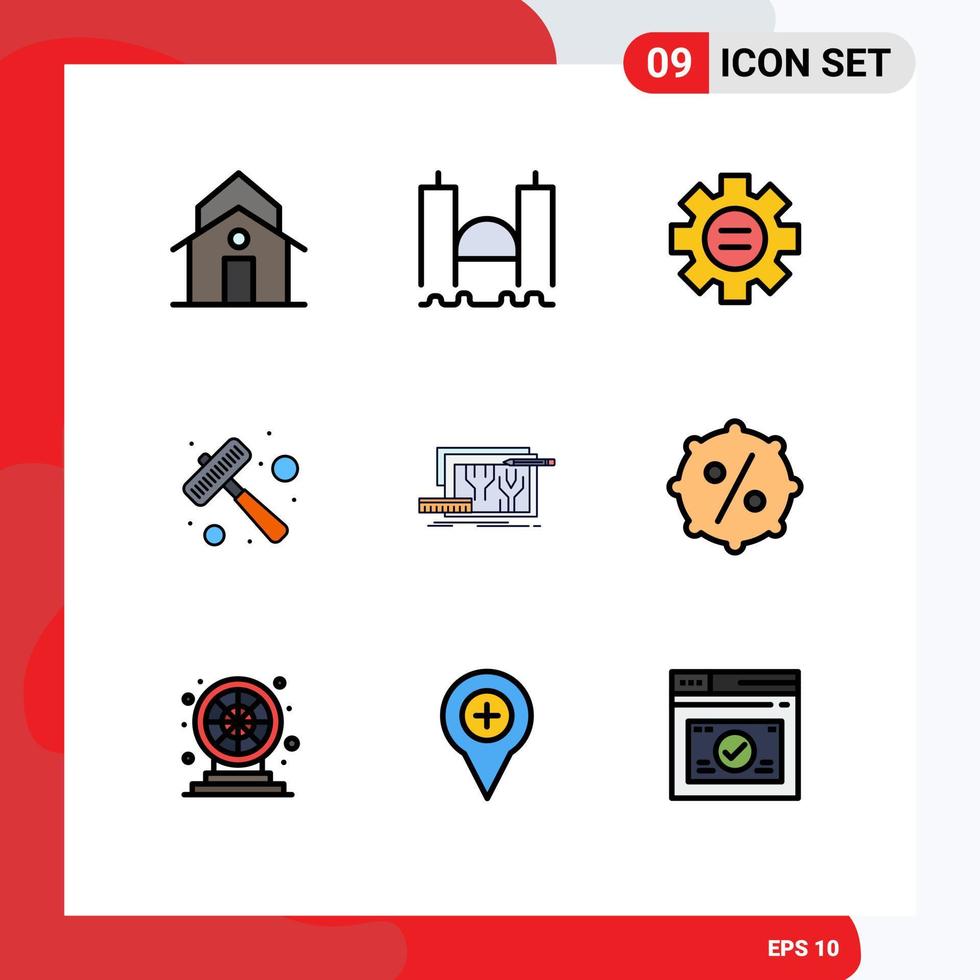 Mobile Interface Filledline Flat Color Set of 9 Pictograms of steak kitchen utensils industrial hammer setting Editable Vector Design Elements