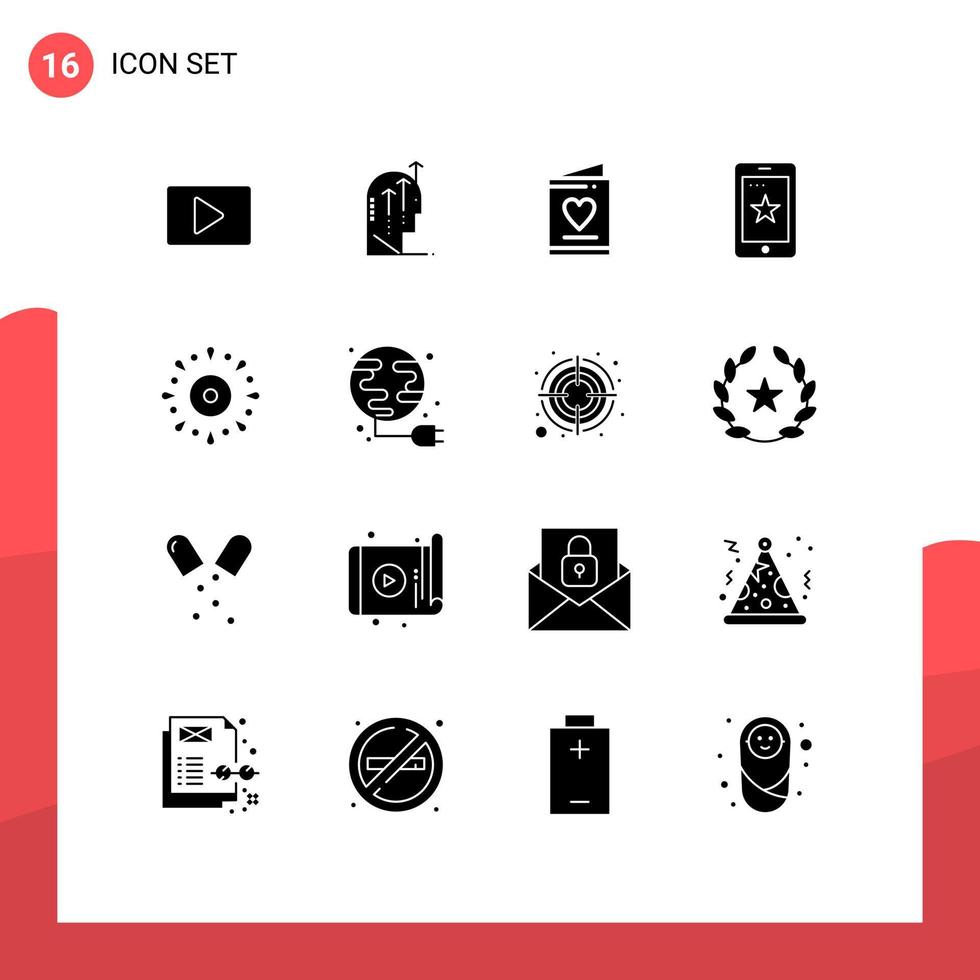 Mobile Interface Solid Glyph Set of 16 Pictograms of celebration cell mind phone wedding Editable Vector Design Elements