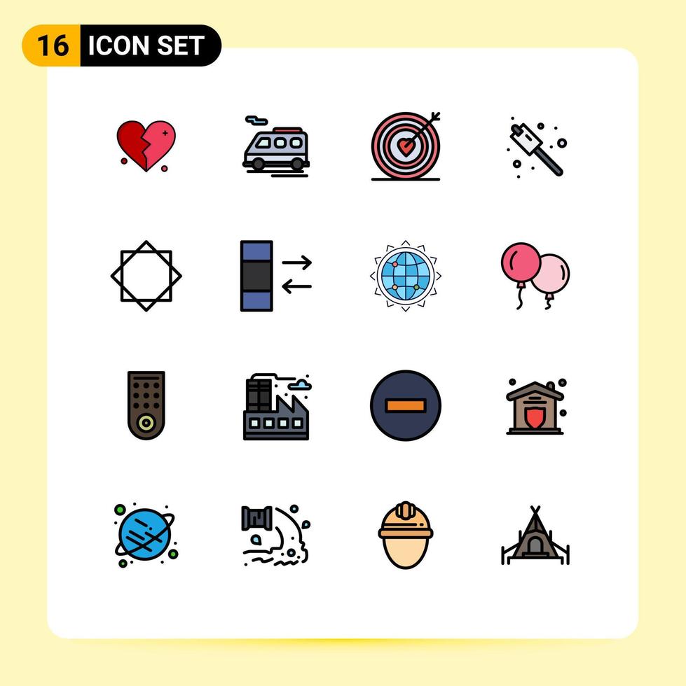 Pack of 16 Modern Flat Color Filled Lines Signs and Symbols for Web Print Media such as warning security love alert marshmallow Editable Creative Vector Design Elements
