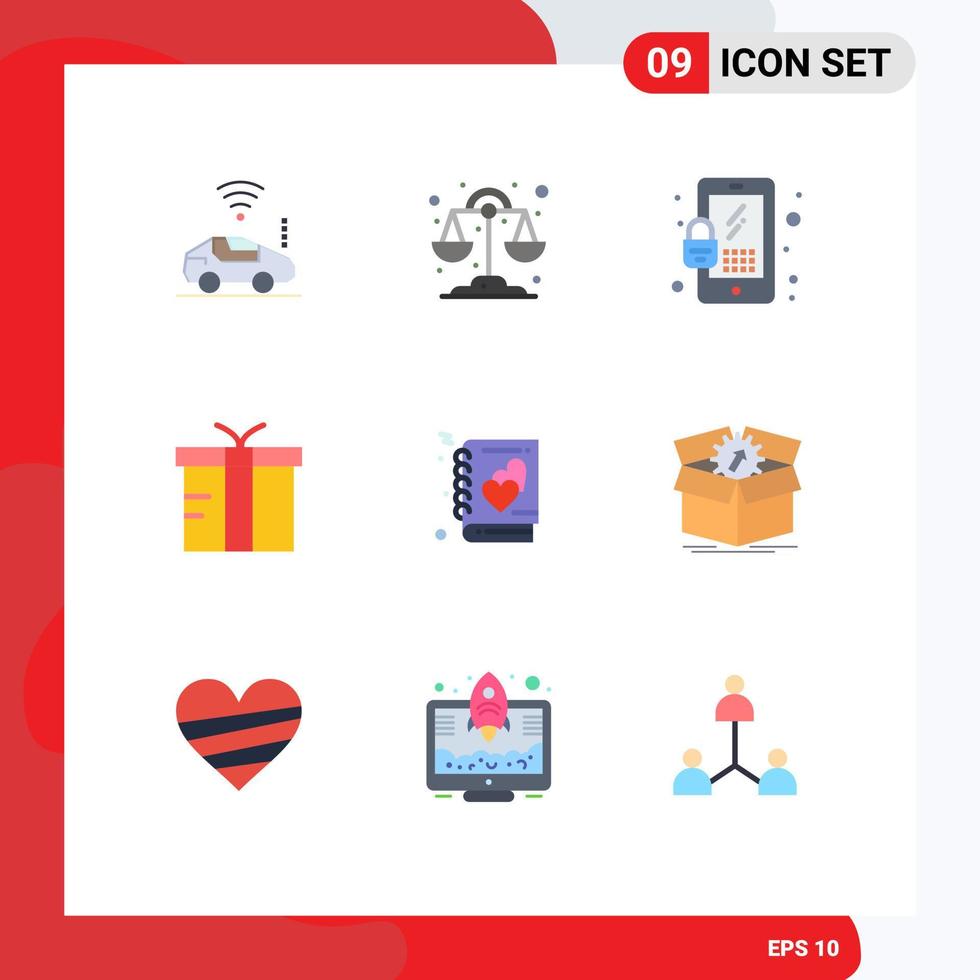 paquete de 9 signos y símbolos de colores planos modernos para medios de impresión web, como elementos de diseño de vectores editables de regalo de libro móvil de amor de historia