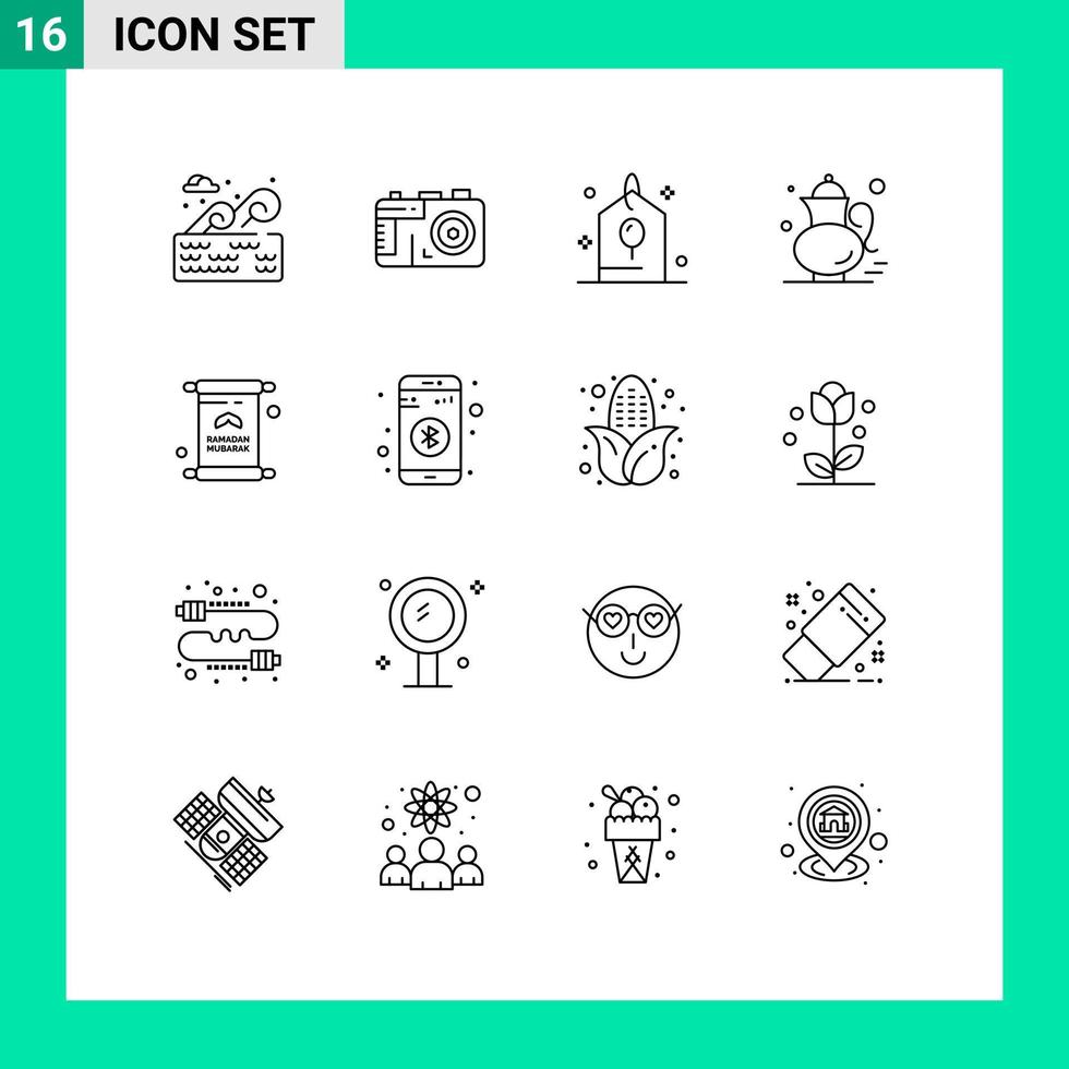 Universal Icon Symbols Group of 16 Modern Outlines of invitation drink celebration gree tea pot Editable Vector Design Elements