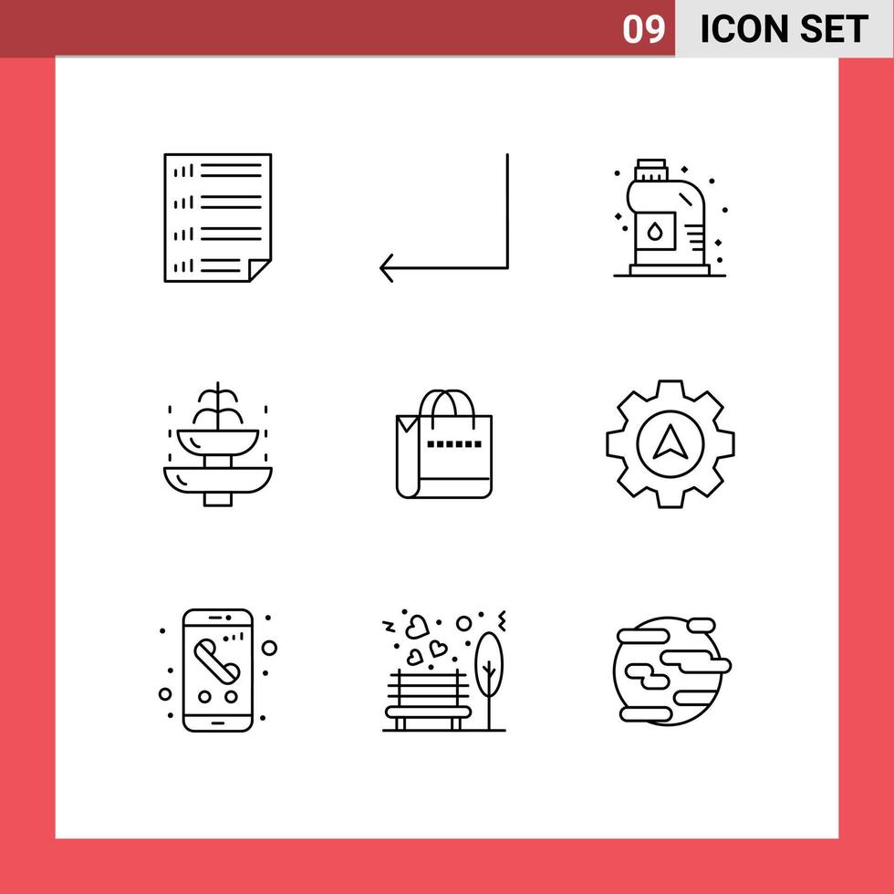 Universal Icon Symbols Group of 9 Modern Outlines of bag tourism cleaner journey fountain Editable Vector Design Elements