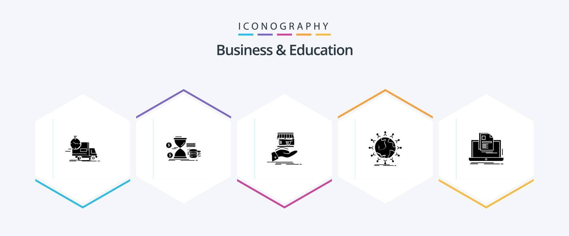 paquete de iconos de 25 glifos de negocios y educación que incluye red. global. tiempo. mano. compras vector