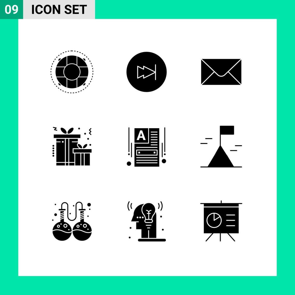 Pack of 9 Modern Solid Glyphs Signs and Symbols for Web Print Media such as web builder making website multimedia make a website present Editable Vector Design Elements