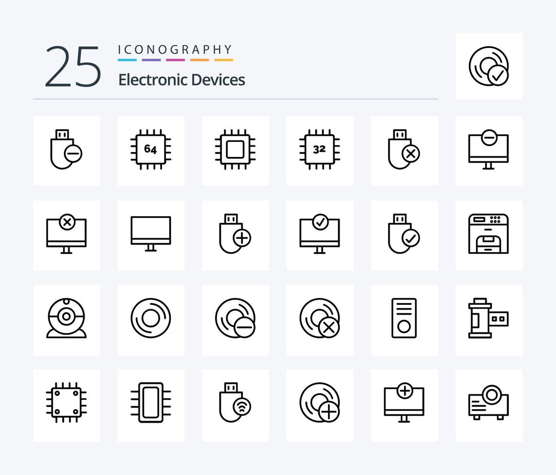 Paquete de iconos de 25 líneas de dispositivos que incluye gadget. ordenadores. artilugio. palo. hardware vector