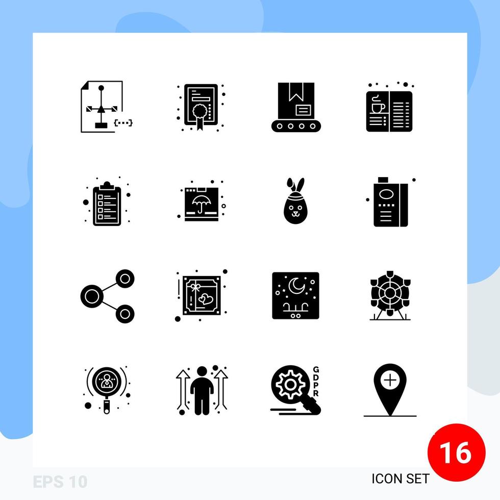 Mobile Interface Solid Glyph Set of 16 Pictograms of clipboard food bulldozer drink cafe Editable Vector Design Elements