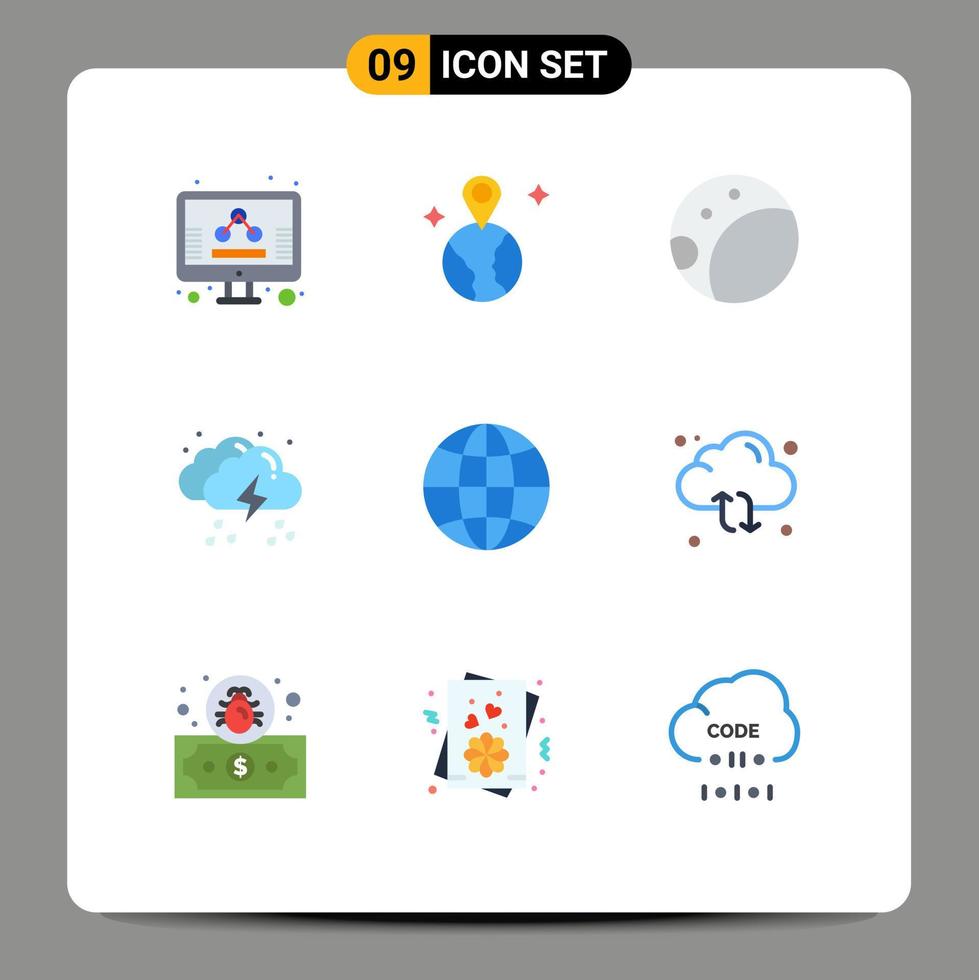 9 concepto de color plano para sitios web móviles y diseño de aplicaciones globo luna clima mundial elementos de diseño vectorial editables vector