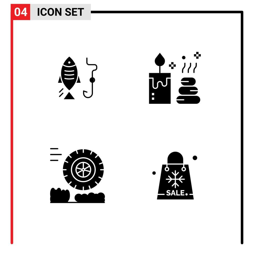 User Interface Pack of 4 Basic Solid Glyphs of fishing wheel hunting candle sale Editable Vector Design Elements