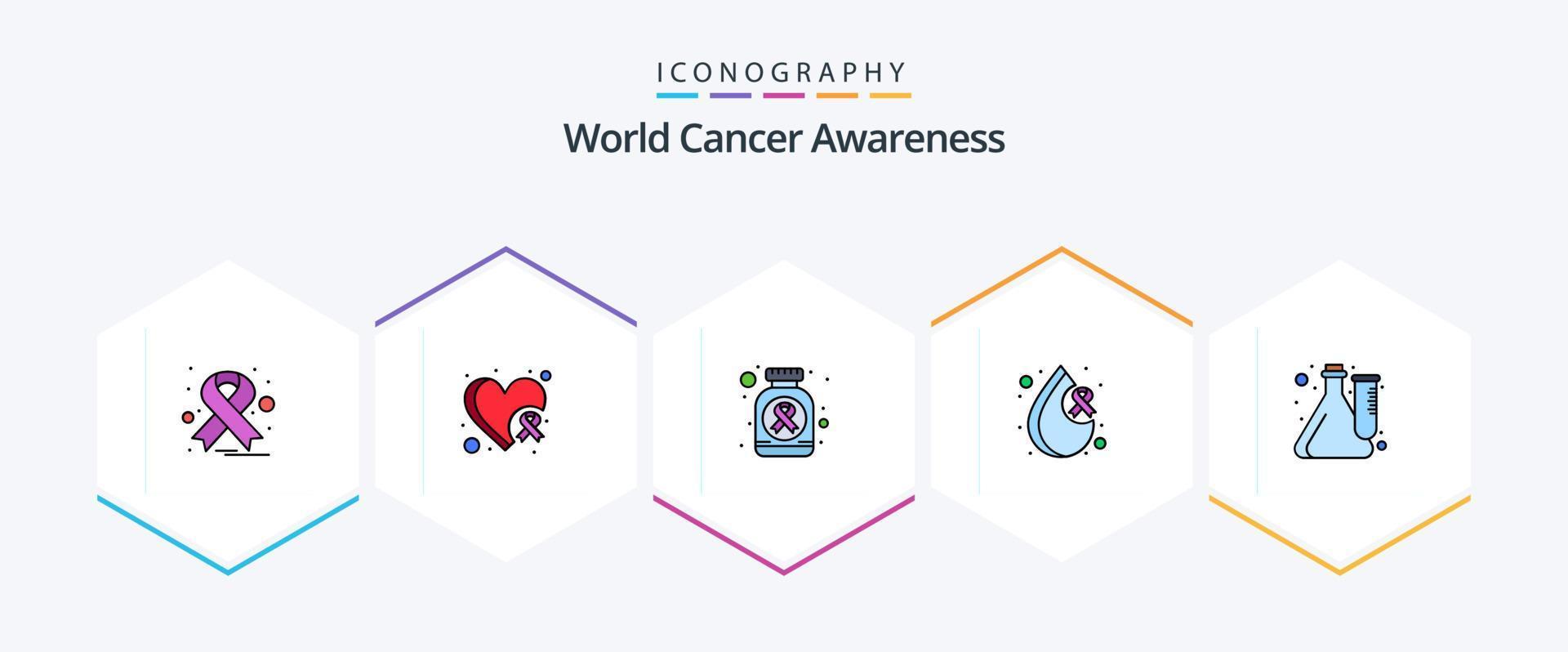 paquete de iconos de 25 líneas completas de concientización sobre el cáncer mundial que incluye experimento. cubo. medicamento. salud. cáncer vector