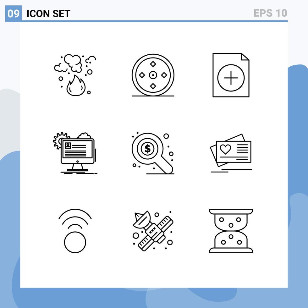 Pack of 9 Modern Outlines Signs and Symbols for Web Print Media such as market edit target report account Editable Vector Design Elements