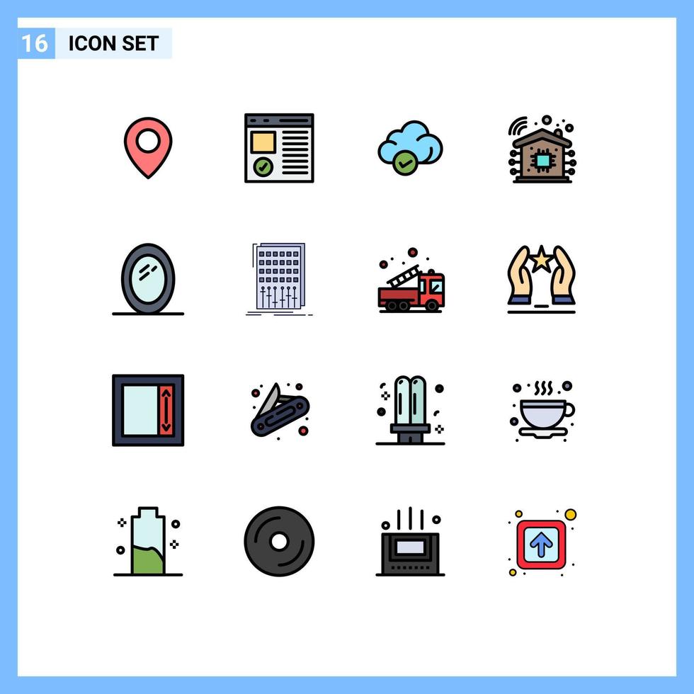 Pack of 16 Modern Flat Color Filled Lines Signs and Symbols for Web Print Media such as mirror furniture cloud technology intelligent Editable Creative Vector Design Elements