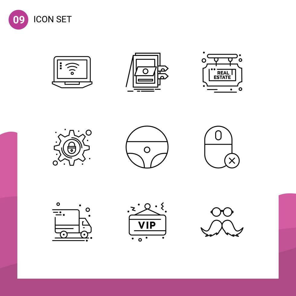 Set of 9 Vector Outlines on Grid for car security files lock sale Editable Vector Design Elements