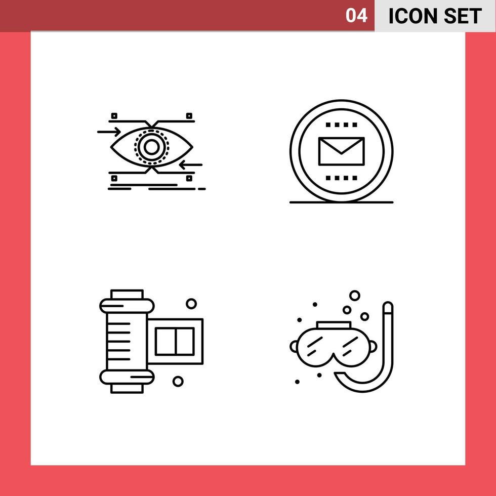 Group of 4 Filledline Flat Colors Signs and Symbols for attention mail looking email camera accessories Editable Vector Design Elements