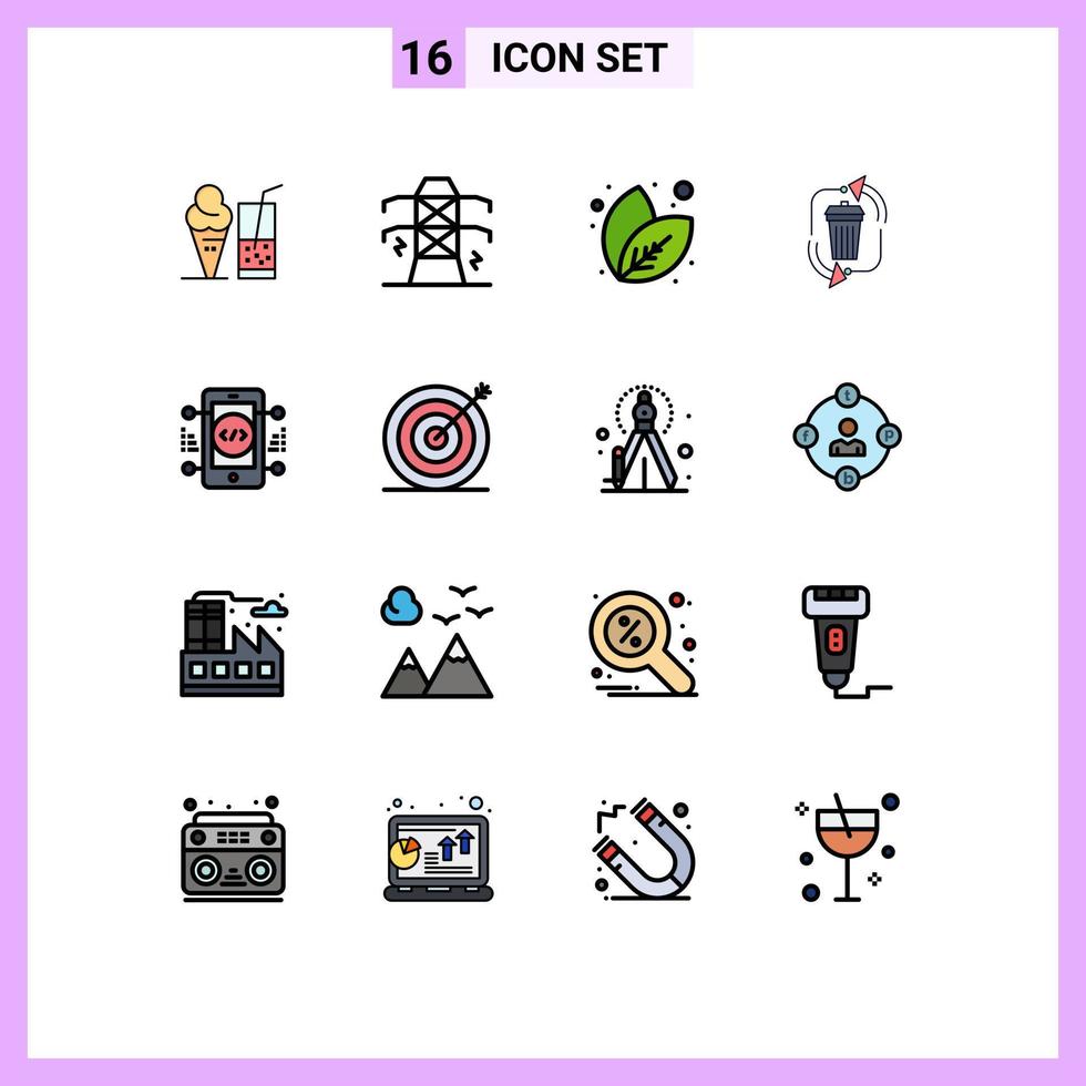 Pack of 16 Modern Flat Color Filled Lines Signs and Symbols for Web Print Media such as development recycle leaf management disposal Editable Creative Vector Design Elements