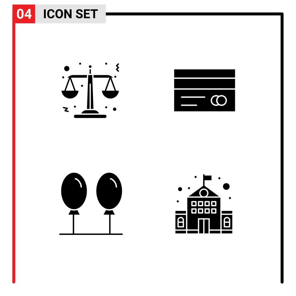 4 Thematic Vector Solid Glyphs and Editable Symbols of justice fly banking credit card education Editable Vector Design Elements