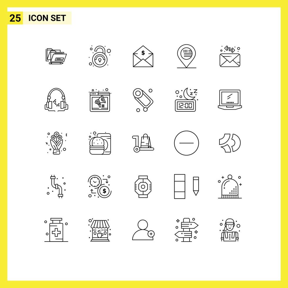 Pack of 25 creative Lines of envelope map dollar location order Editable Vector Design Elements