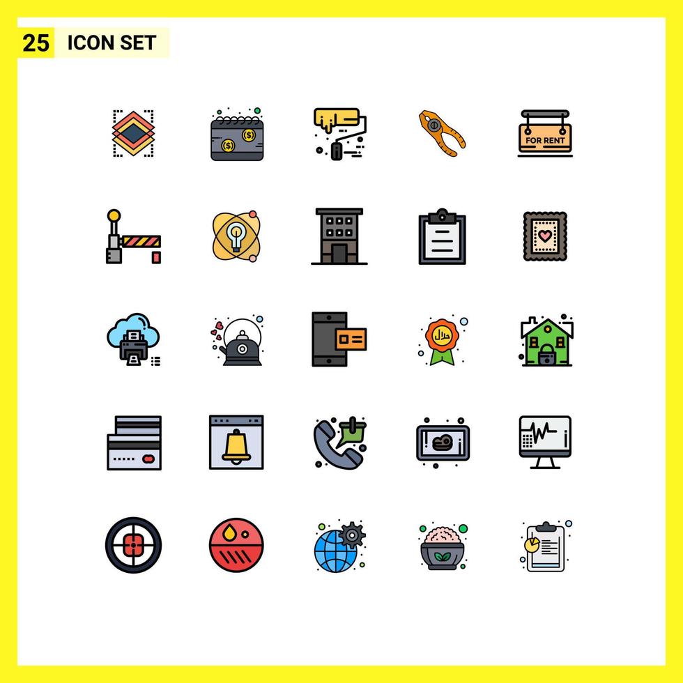 Mobile Interface Filled line Flat Color Set of 25 Pictograms of tool tongs tax pliers roller brush Editable Vector Design Elements