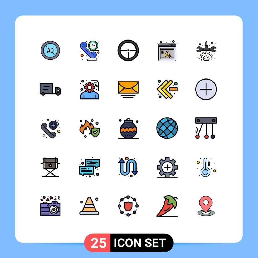 Filled line Flat Color Pack of 25 Universal Symbols of gear browser army marketing target Editable Vector Design Elements