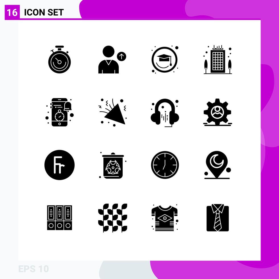 16 Thematic Vector Solid Glyphs and Editable Symbols of clock notification graduation mobile office Editable Vector Design Elements