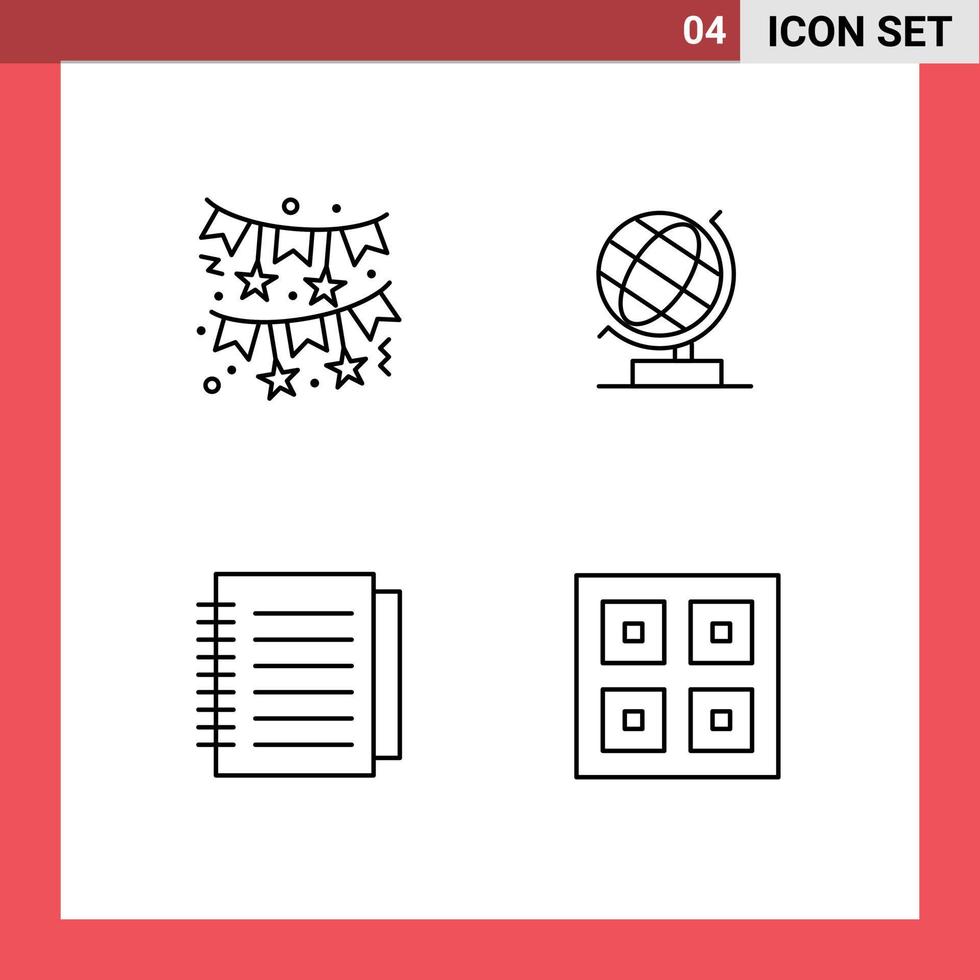 Modern Set of 4 Filledline Flat Colors and symbols such as bow notebook night party globe paper Editable Vector Design Elements